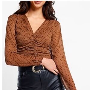 Express Brown Ruched Long Sleeve Blouse